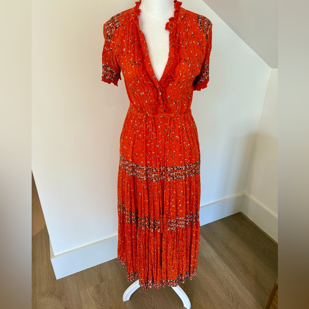 Free People Orange Puff Sleeve Plunge Midi Dress